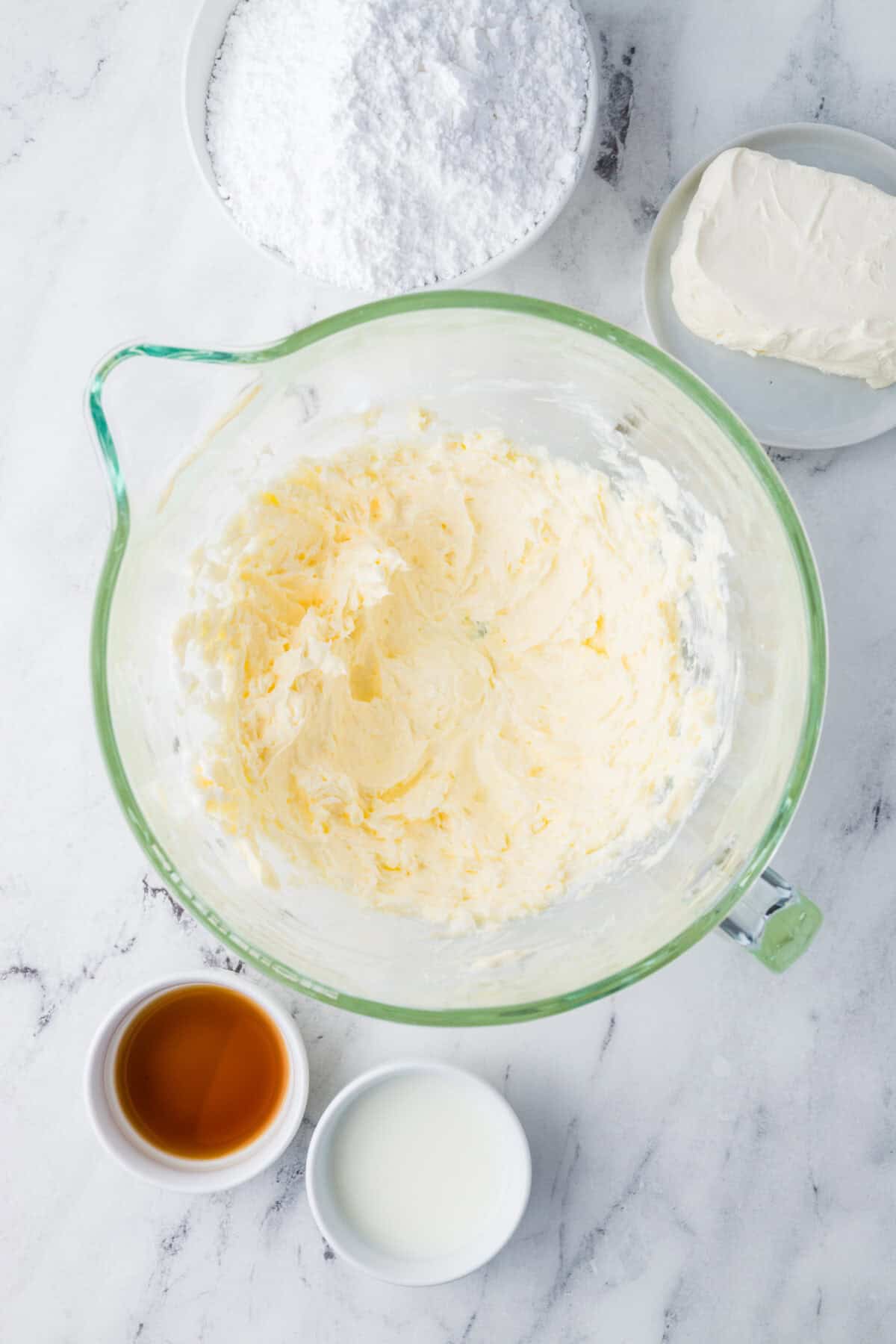 creamed butter and shortening in a mixing bowl