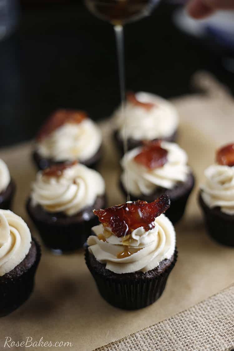 chocolate cupcake with maple buttercream icing with maple drizzle