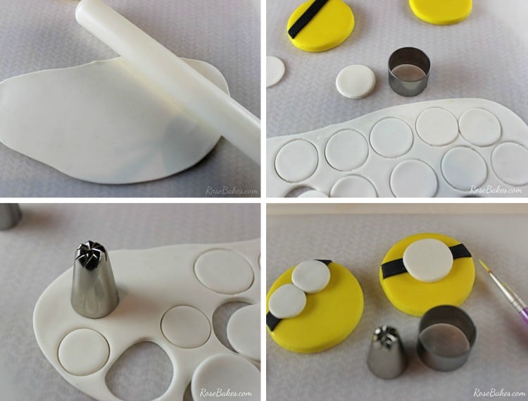 white fondant being rolled out and cut for use as minion eyes
