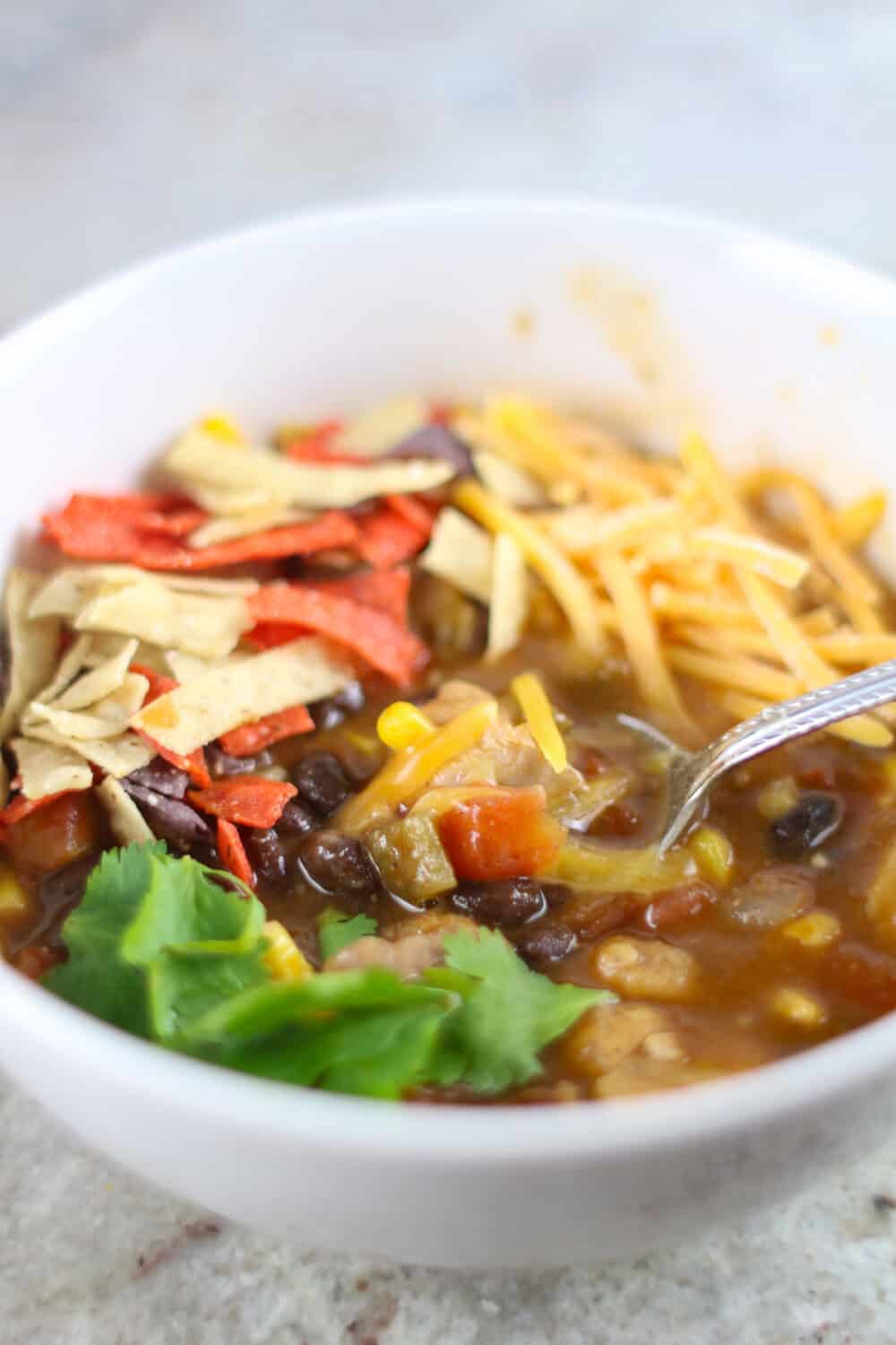 Instant Pot Chicken Tortilla Soup in white bowl with cheese, cilantro and tortilla strips