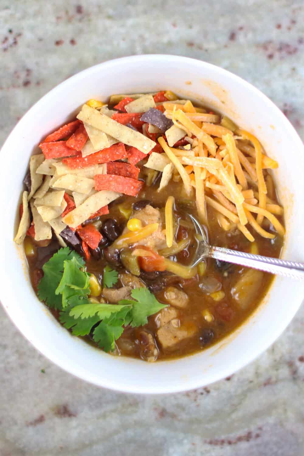 Instant Pot Chicken Tortilla Soup in white bowl with cheese, cilantro and tortilla strips