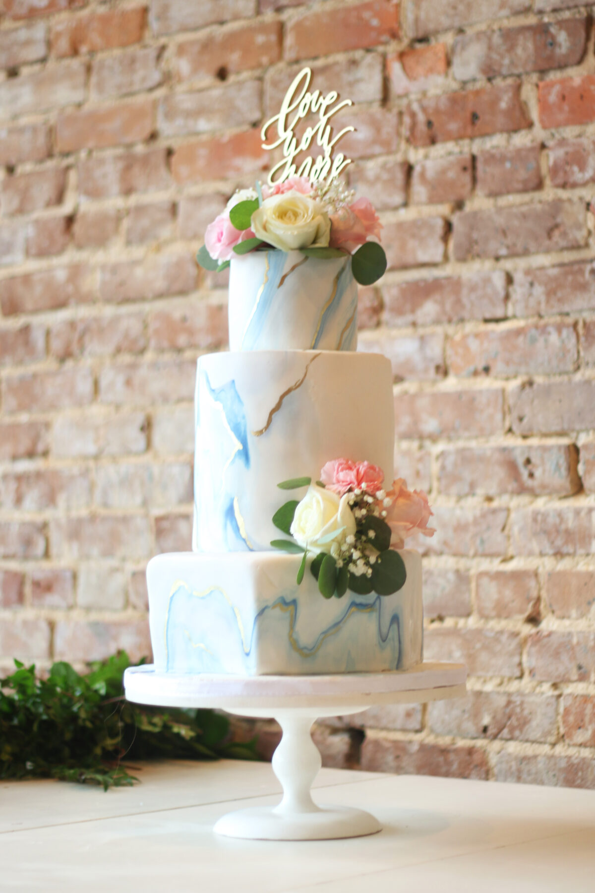 Hexagon Marbled Navy Gold Pink Wedding Cake with Homemade Fondant