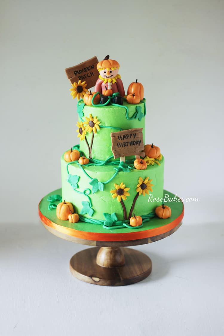 Pumpkin Patch Scarecrow Cake 2 tier with pumpkins decor