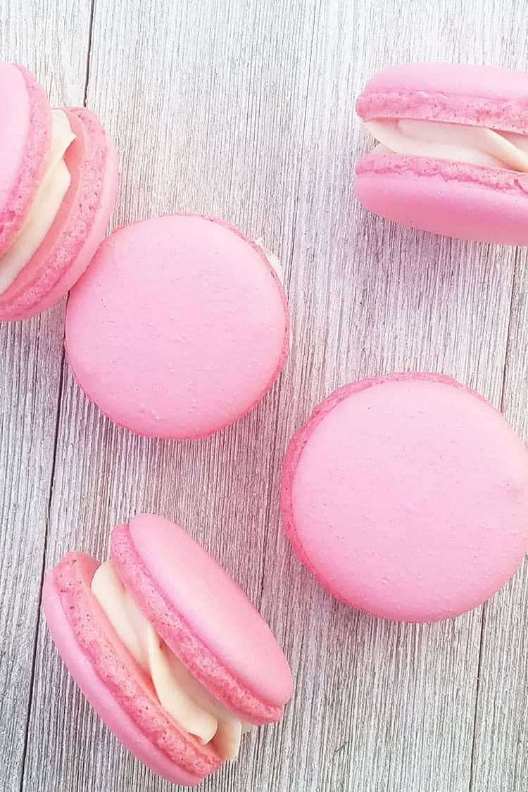 Strawberry Cheesecake Macarons on gray background