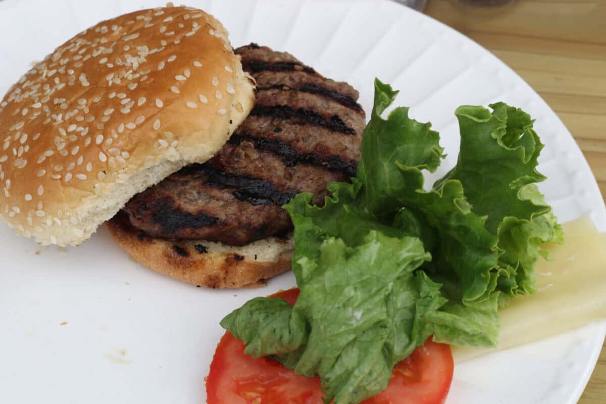 grilled burger on a bun with lettuce, tomato, cheese