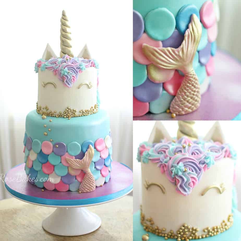 mermaid unicorn cake with close up pictures of mermaid tail on bottom layer