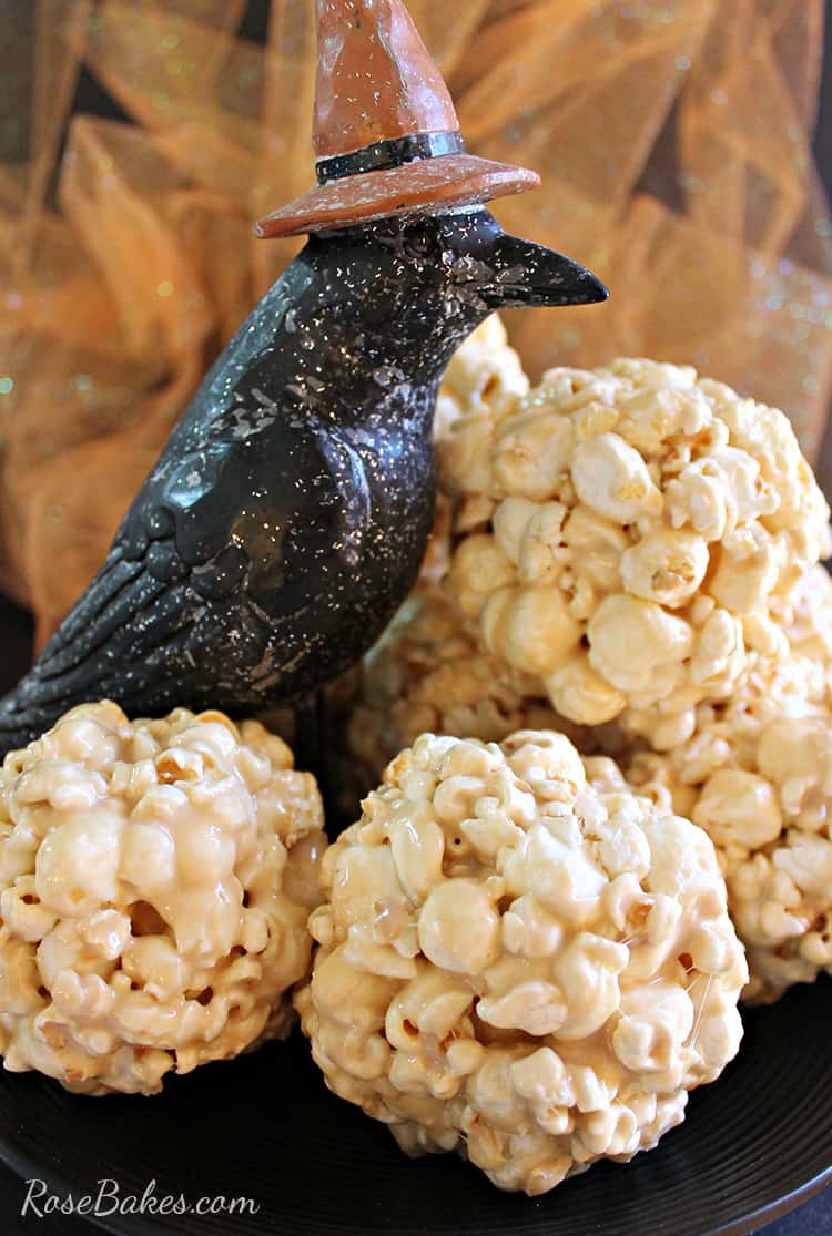 Marshmallow Caramel Popcorn Balls on Scarecrow Plate