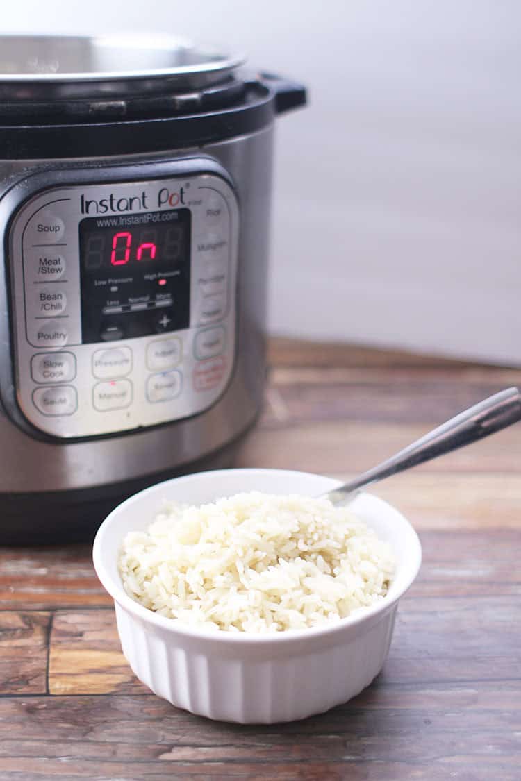 bowl of white rice in front of instant pot