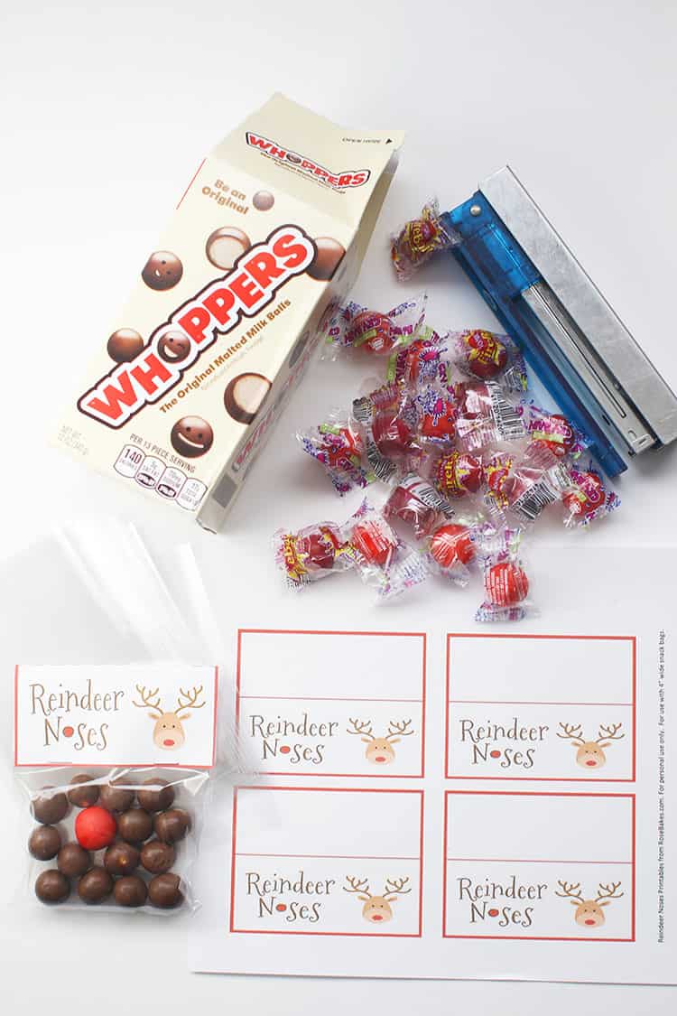 supplies to make Reindeer Noses Treat Bags with Free Printable