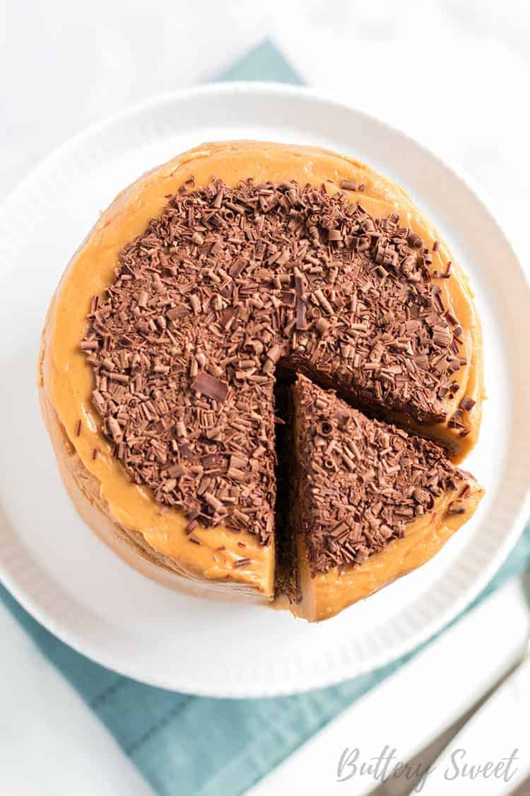 old fashioned peanut butter cake from above with chocolate shavings