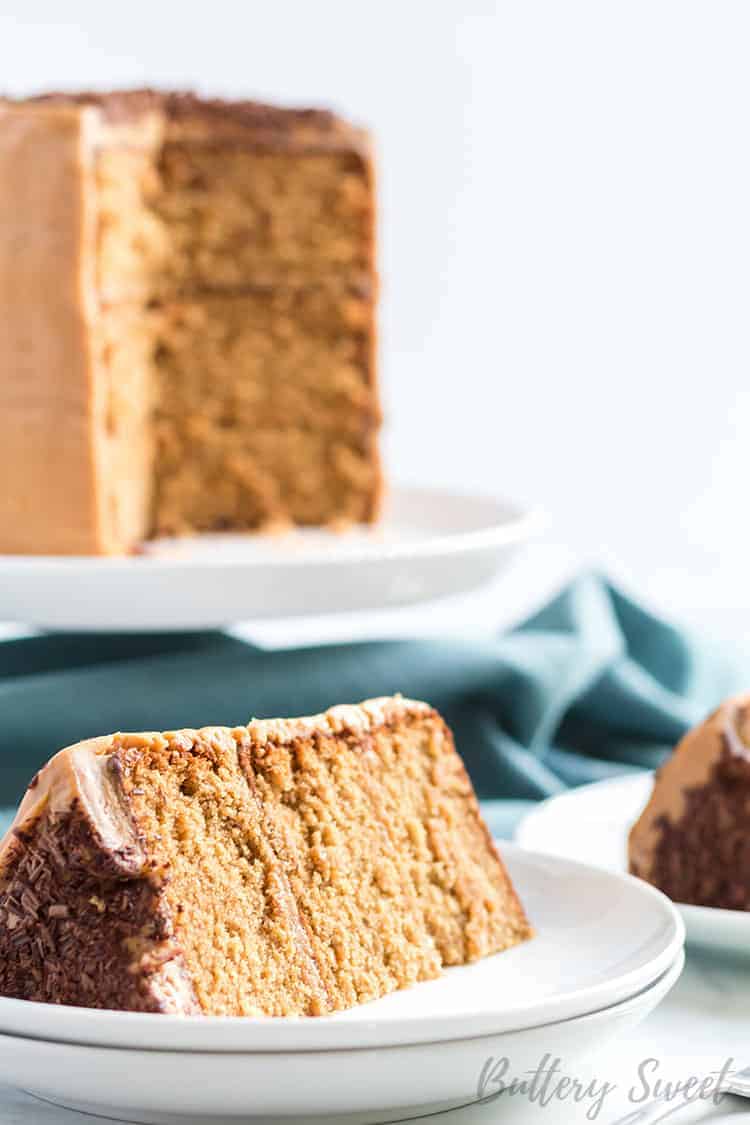 a slice of old fashioned peanut butter cake on a plate