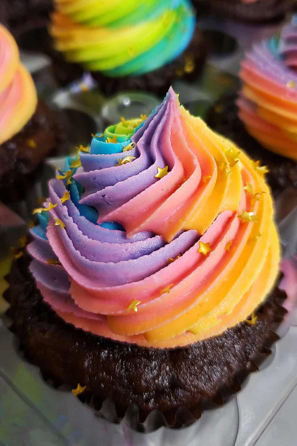 rainbow swirled cupcakes with star sprinkles
