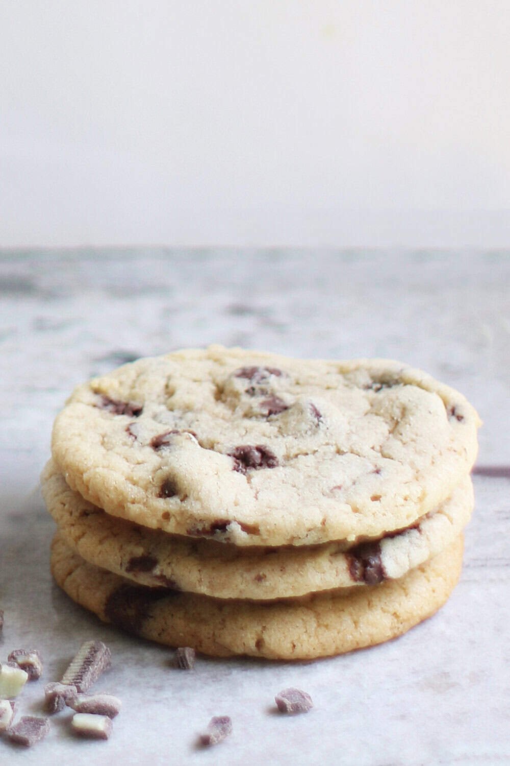 stack of mint chocolate chip cookies with Andes mints