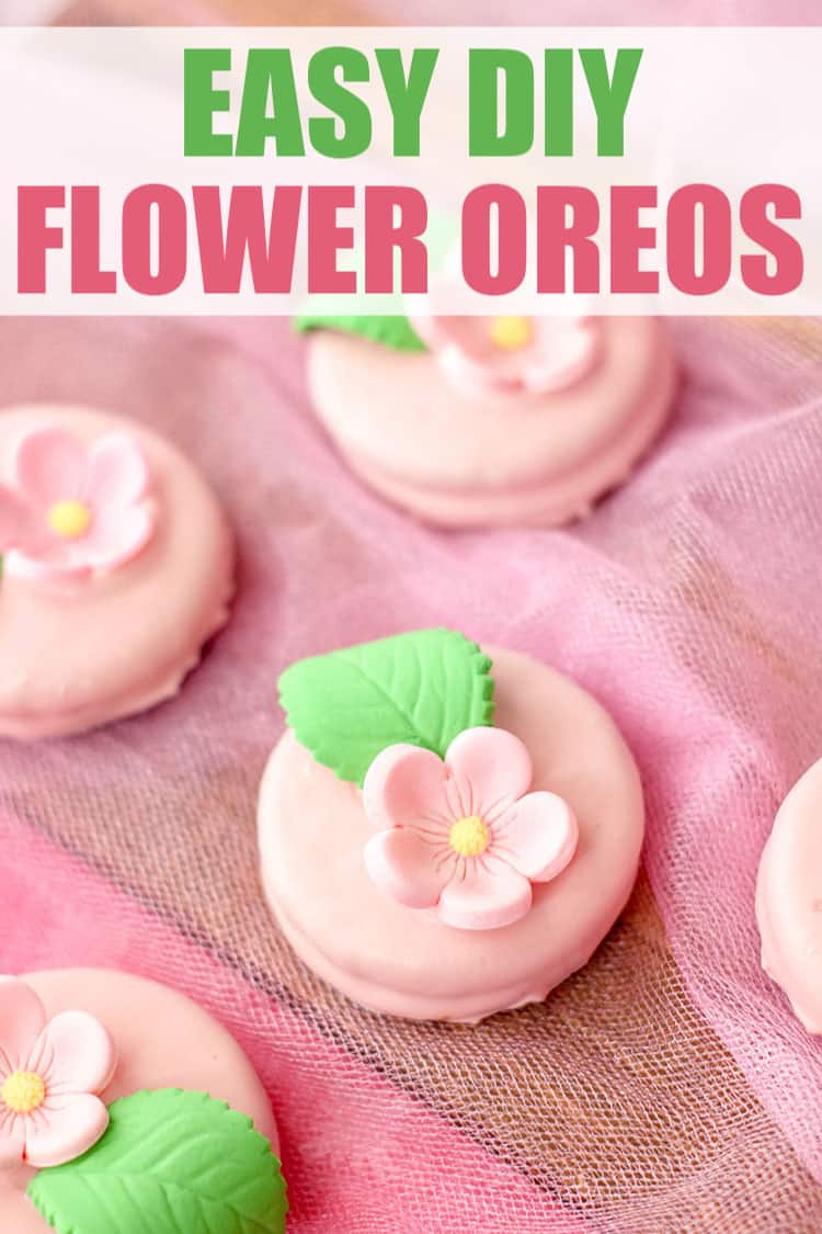 easy flower oreos - pink with pink flowers and leaves on pink lace