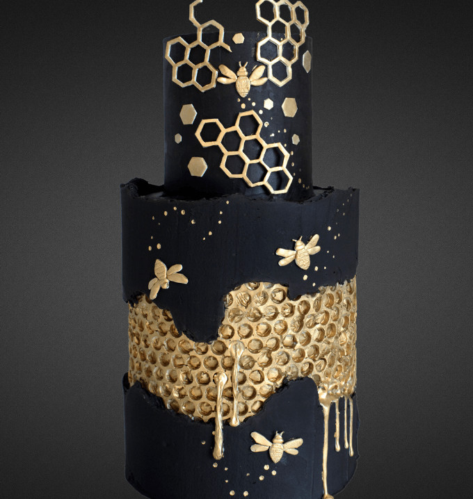 2 tiered Black and Gold Honeycomb Bumblebees Fault Line Cake