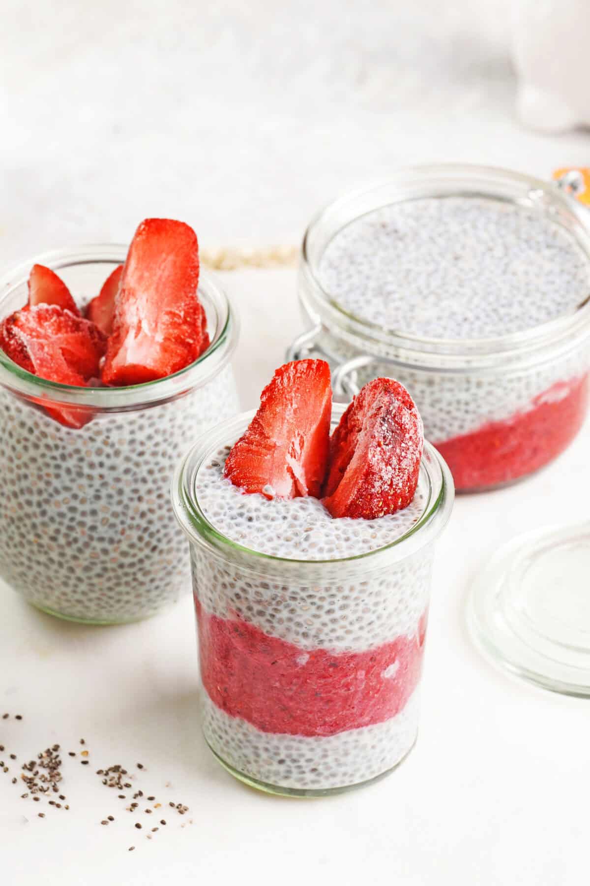 chia seed pudding layered with strawberries