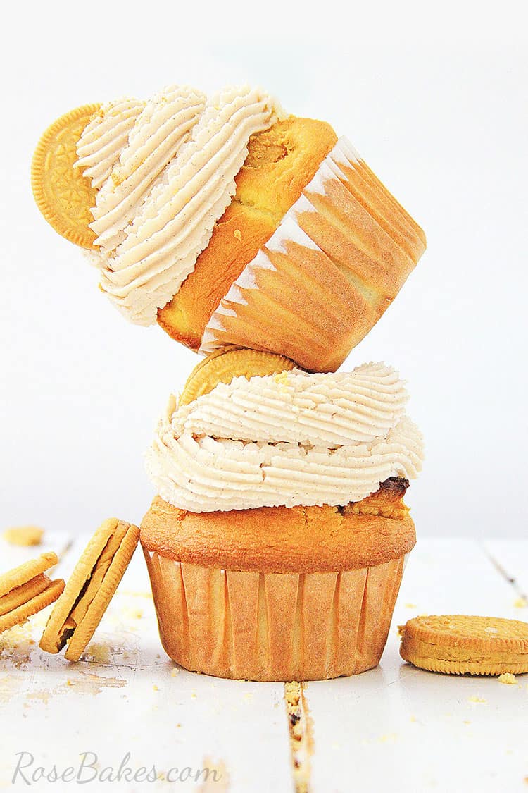 OREO Maple Creme Cupcakes stacked on top of each other with cookies