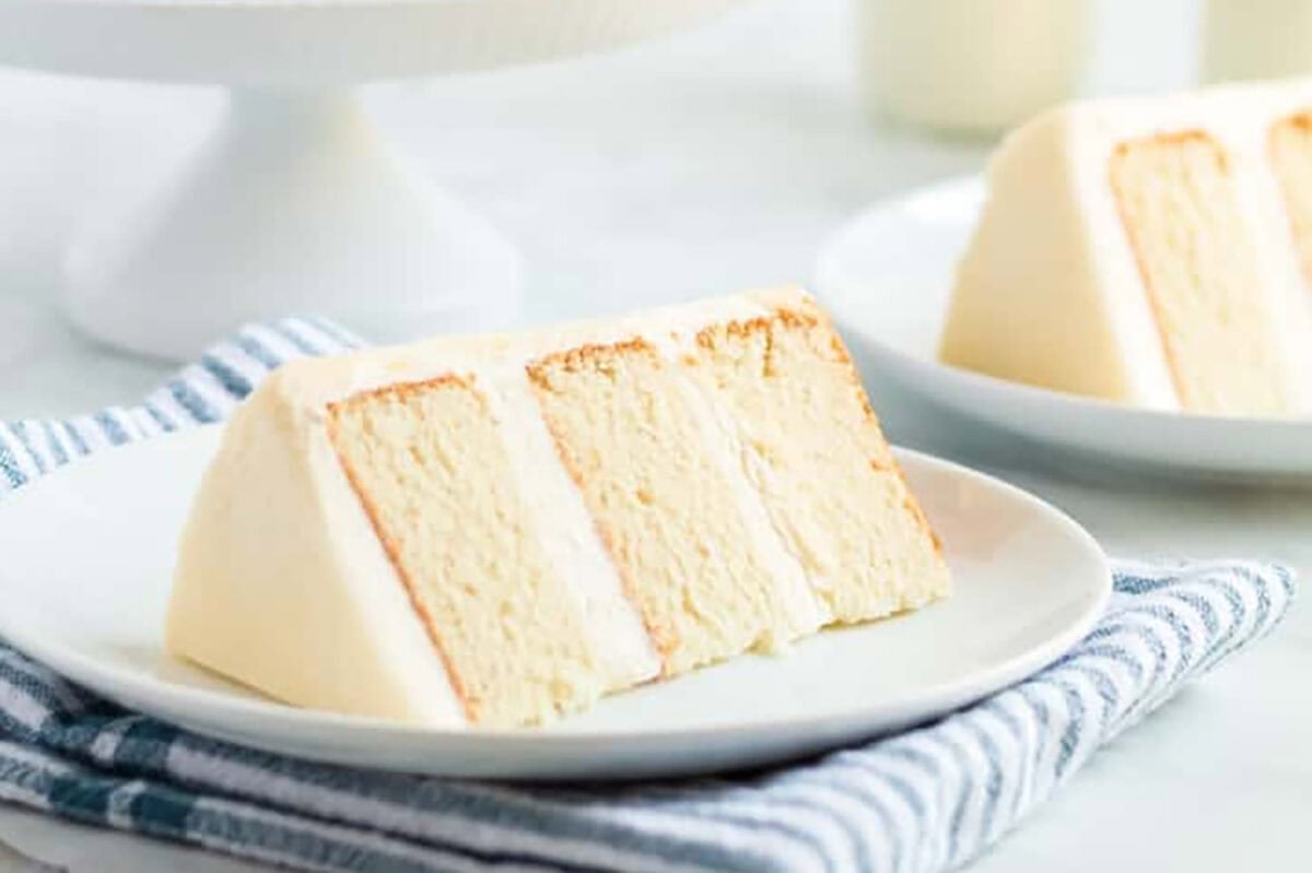 slice of vanilla cake from scratch