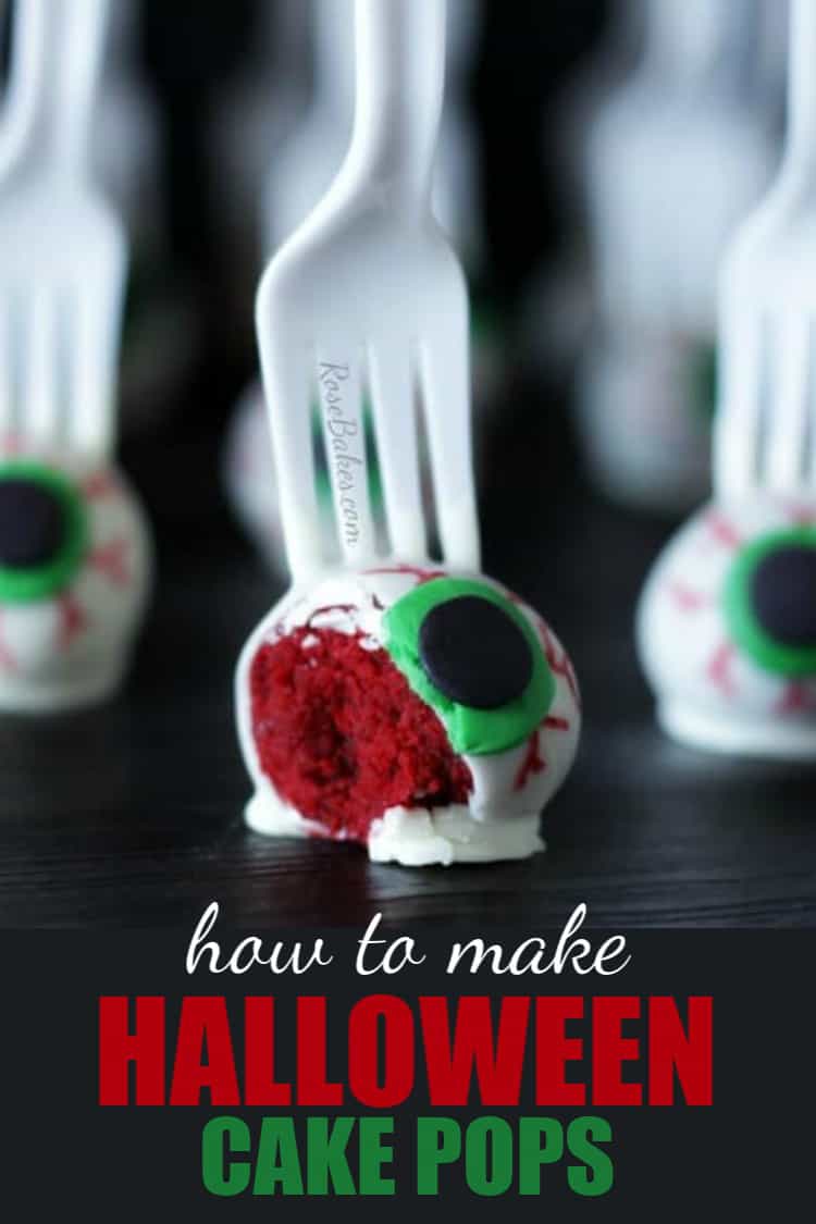 how to make halloween cake pops text on pic of eyeballs on a fork cake pops