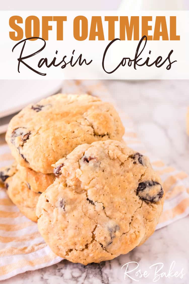 Soft Oatmeal Raisin Cookies on yellow cloth with pin text overlay