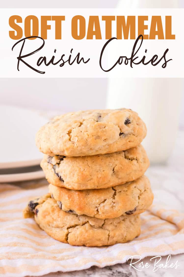 Soft Oatmeal Raisin Cookies on yellow cloth with pin text overlay