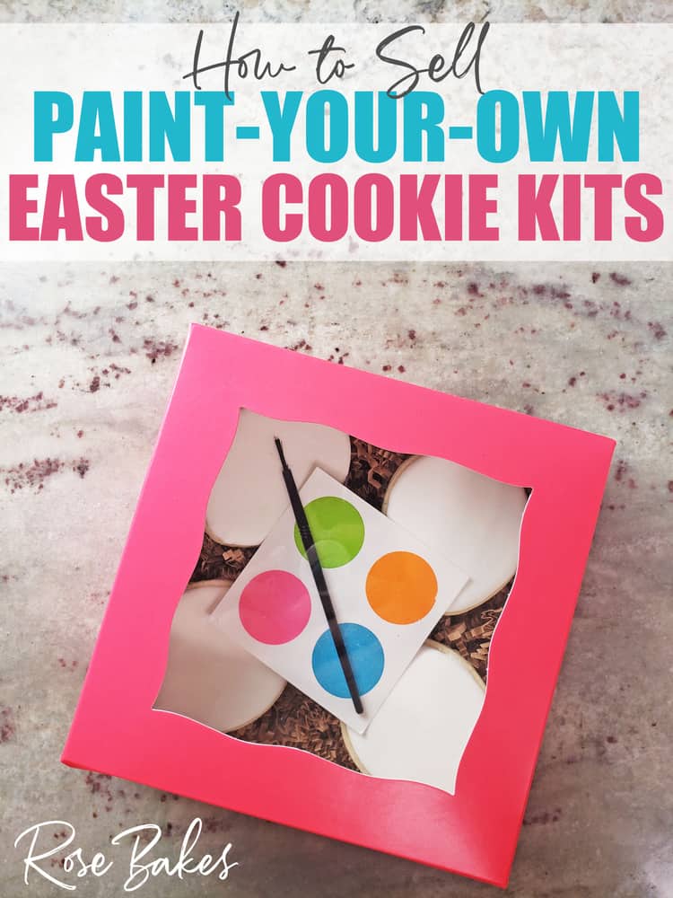 How to Sell Paint Your Own (PYO) Cookie Sets - No Cookie Decorating Required! A pink box of blank cookies with a palette and paintbrushes.