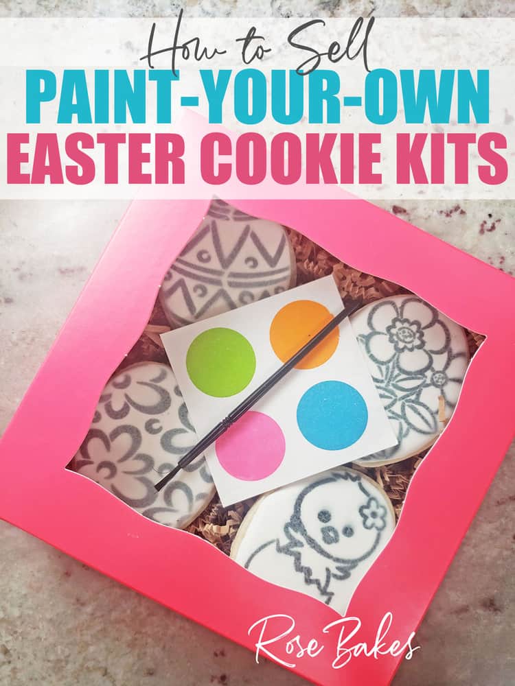 How to Sell Paint Your Own (PYO) Cookie Sets - No Cookie Decorating Required! A pink box of stenciled cookies with a palette and paintbrush for clients.