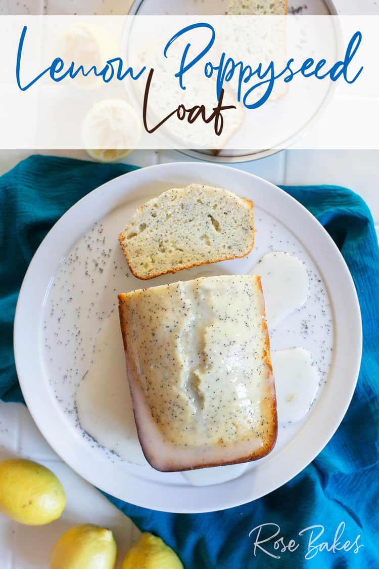 Lemon Poppyseed Loaf sliced on a white cake plate with glaze