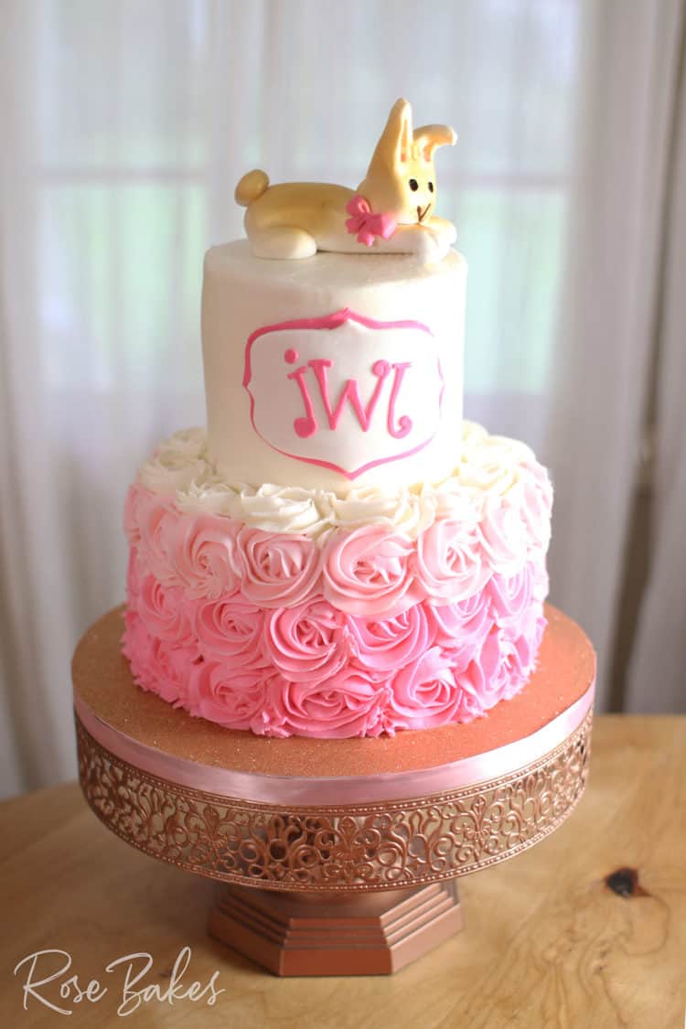 Easter Bunny Cake with Bunny Topper and Ombre Pink Buttercream Roses on bottom tier