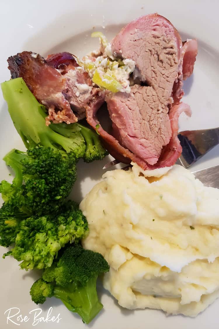 Bacon Wrapped Pork Loin Loin with Cream Cheese & Pepperoncini with broccoli and mashed potatoes