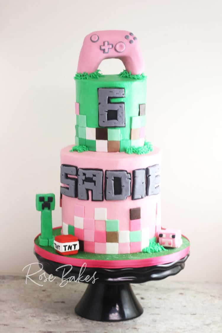 A Pink Minecraft Birthday Cake for a Girl