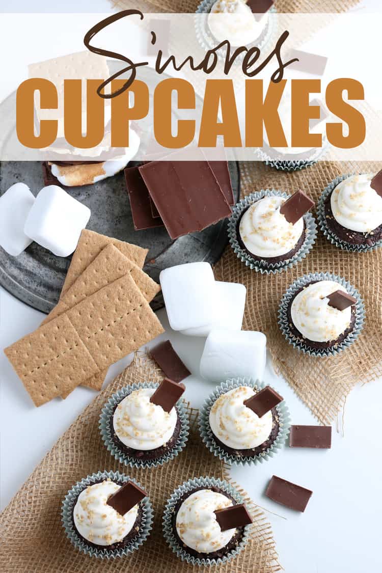S'mores Cupcake with chocolate bars and sprinkles of graham cracker crumbs with Pinterest text overlay