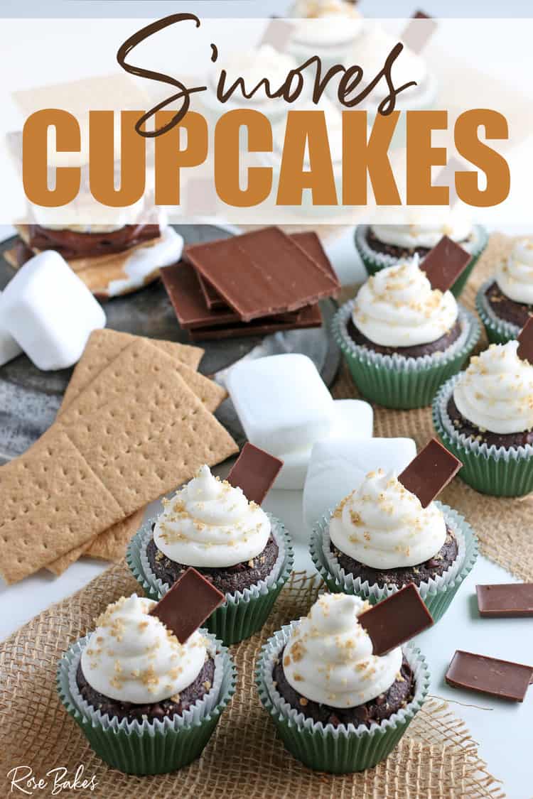 S'mores Cupcake with chocolate bars and sprinkles of graham cracker crumbs with Pinterest text overlay