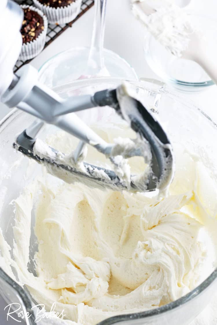 marshmallow creme frosting for s'mores cupcakes in mixing bowl