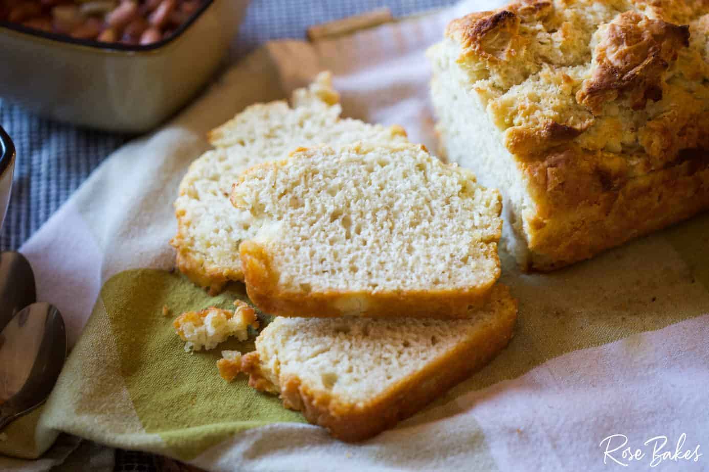 2 slices of beer bread cut from loaf presented on table 