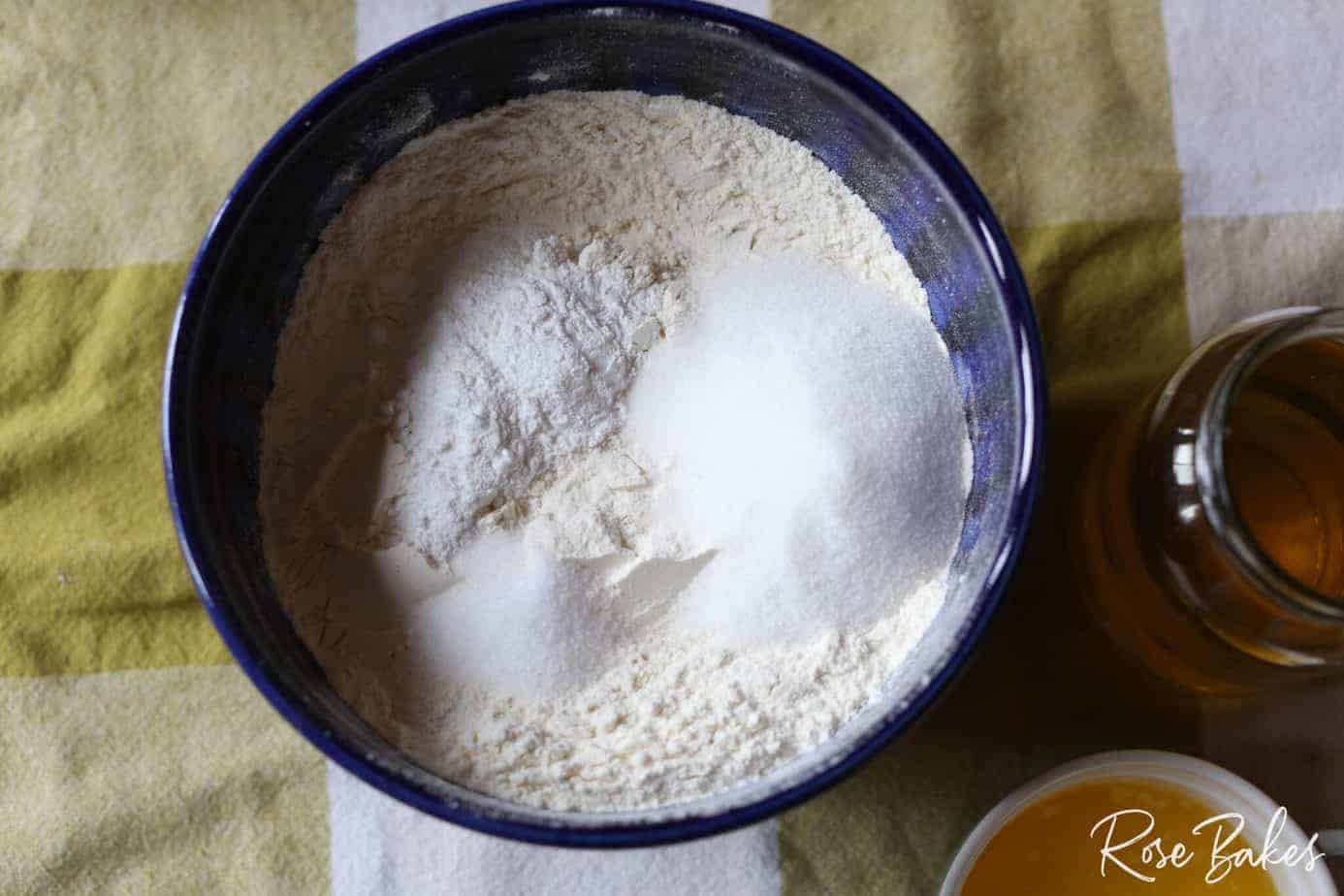 dry ingredients in blue mixing bowl