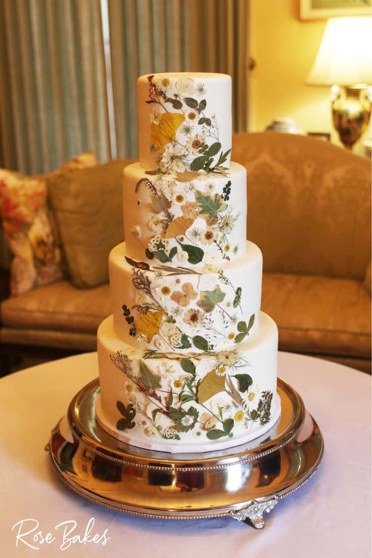 pressed flowers wedding cake on fondant