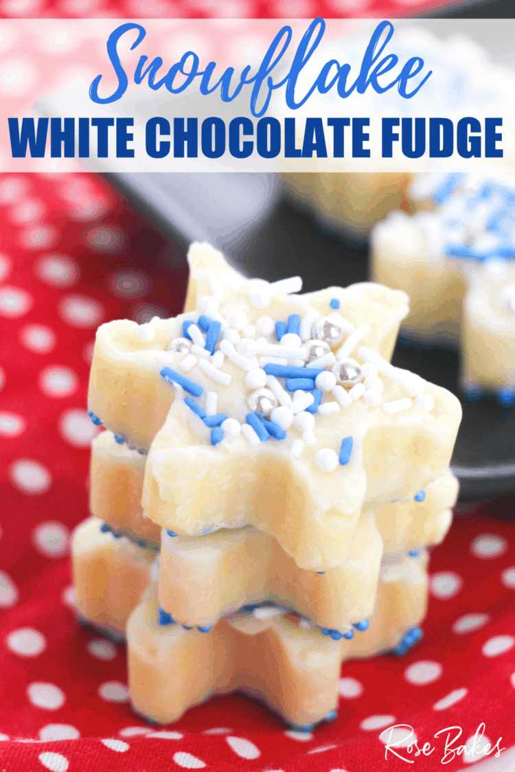 Stack of white chocolate fudge snowflakes on a red and white dotted cloth with pin text.