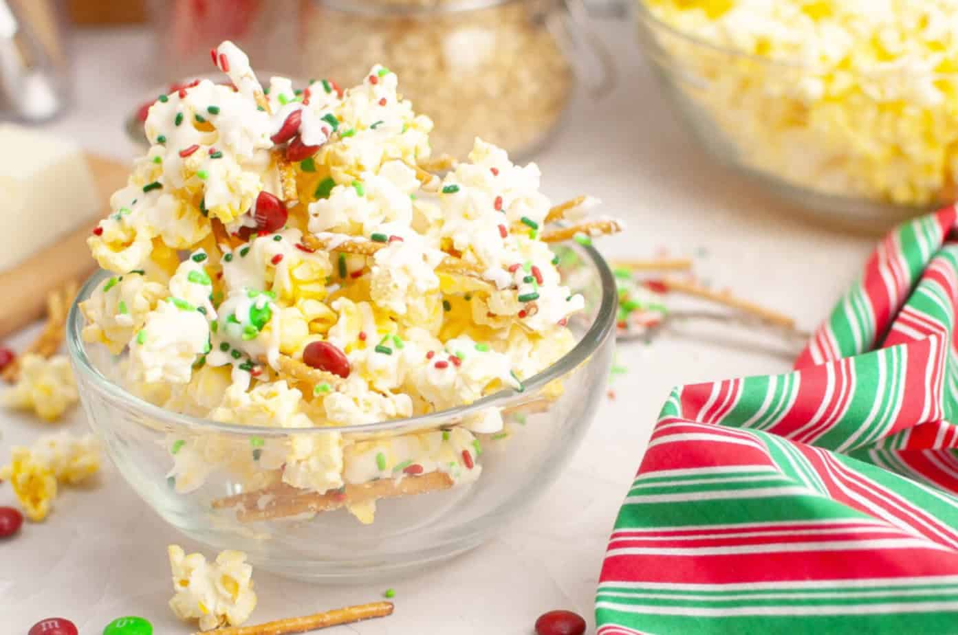 christmas popcorn in a clear bowl