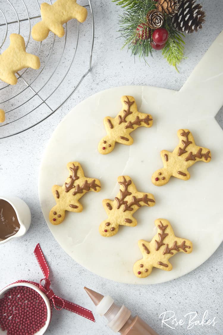 Overhead view of a platter of decorated Christmas reindeer cookies.