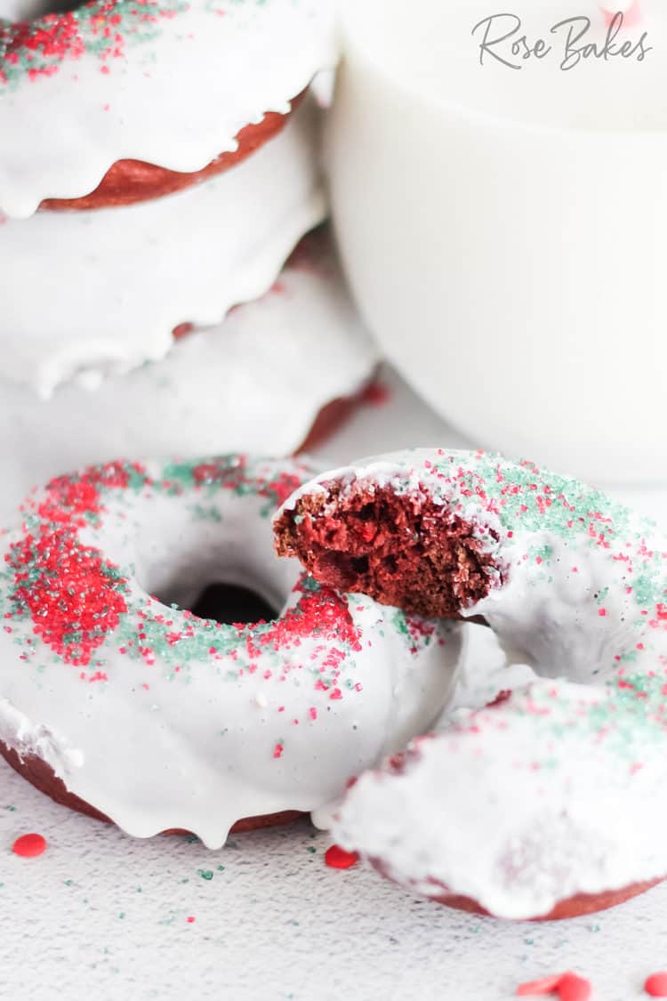 Close up of red velvet donuts