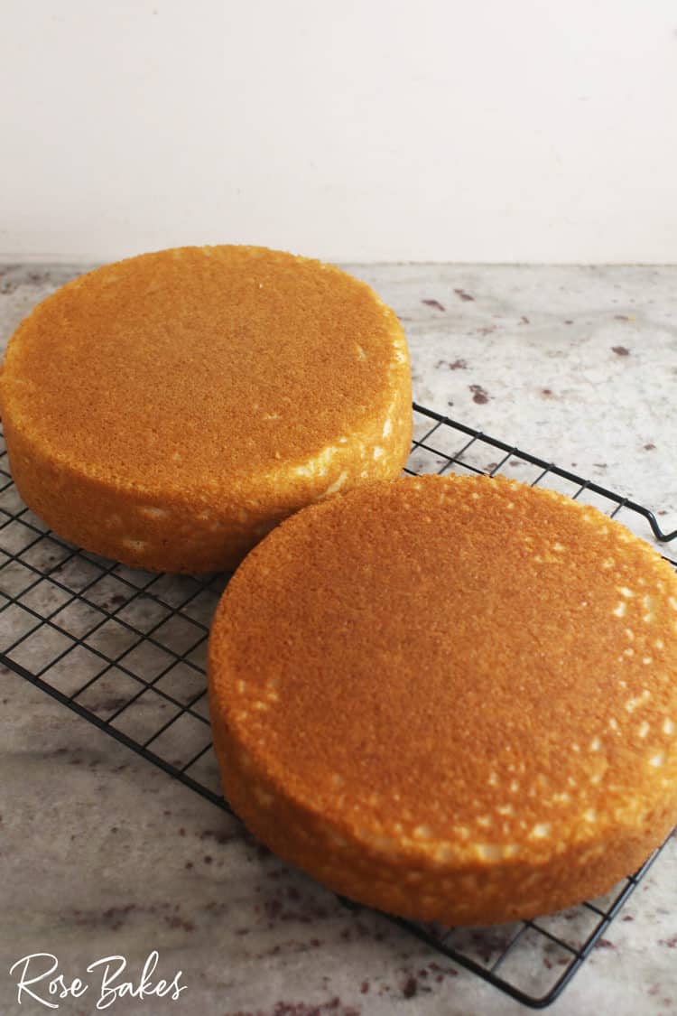 baked layers of vanilla cake on a cooling rack