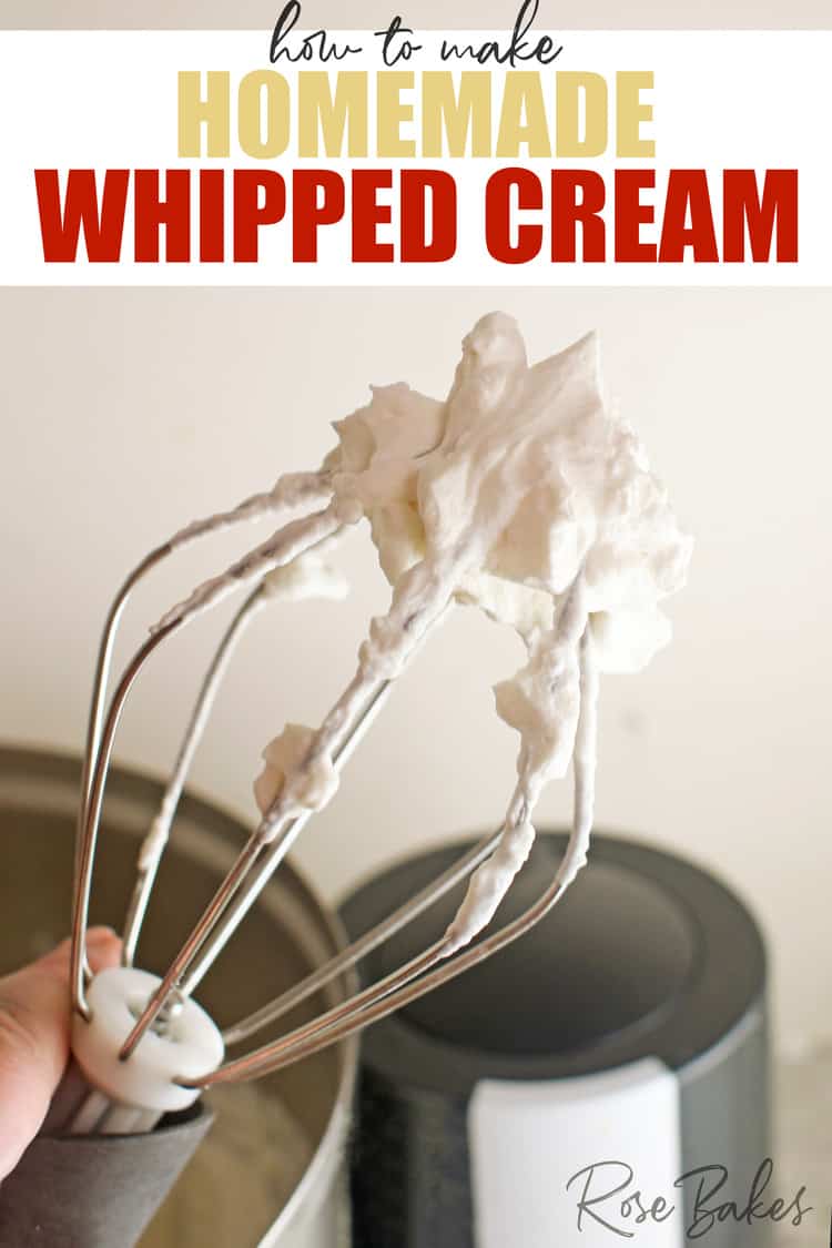 Fluffy whipped cream on the end of the whisk attachment of a Bosch Mixer. Text at the top of the image reads, How to make homemade whipped cream.