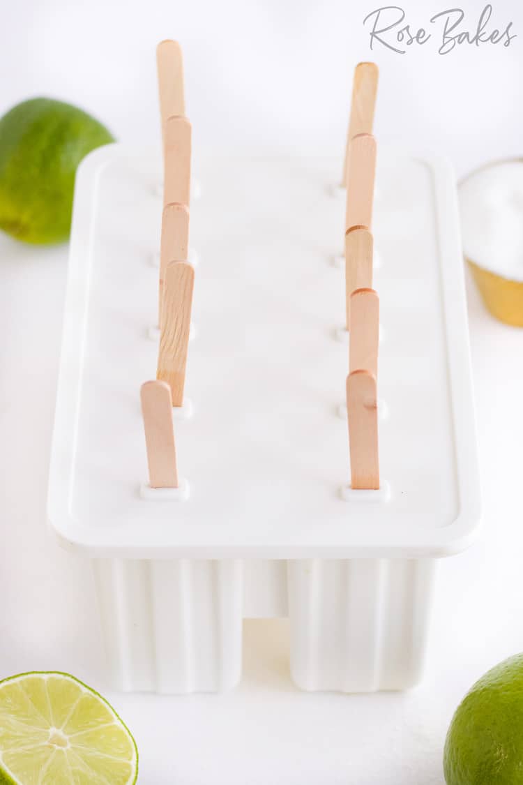 White popsicle mold with the lid on. Wooden popsicle sticks are coming out of each hole that holds the stick in place to form the popsicle.