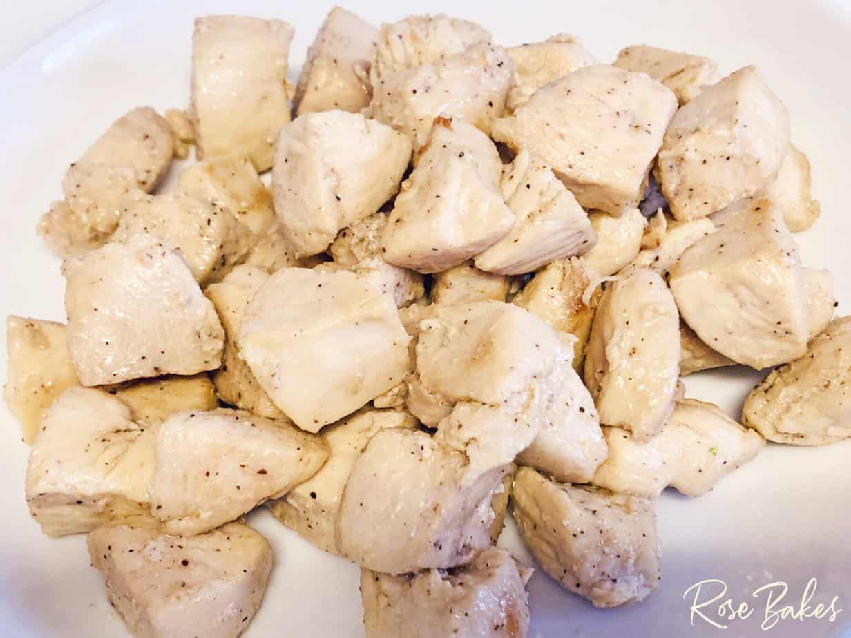 cubed chicken cooked and seasoned