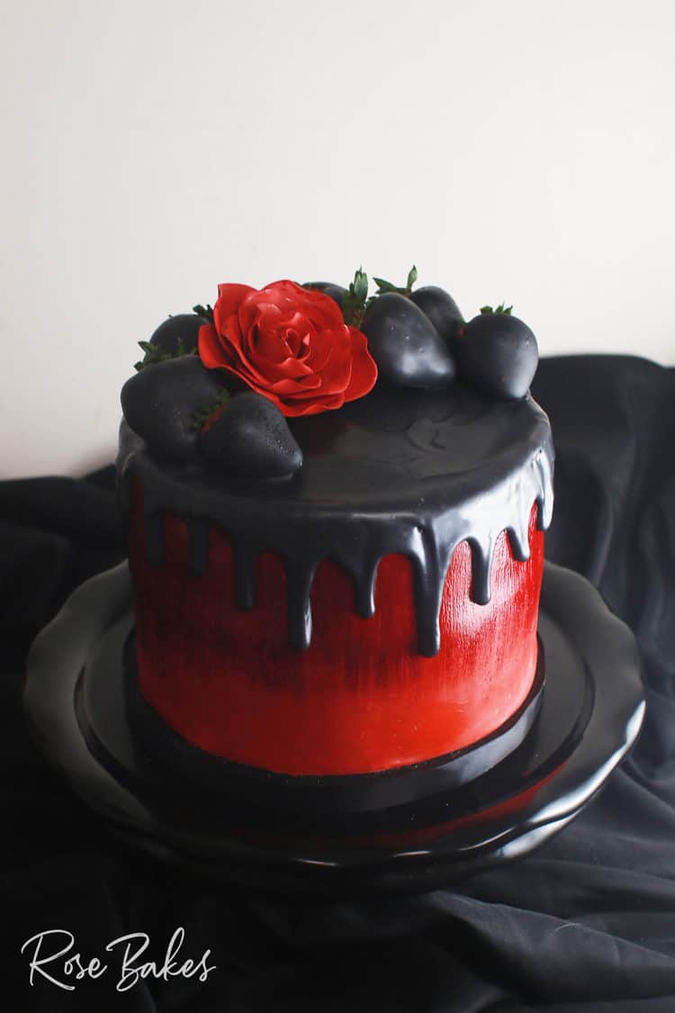 black and red rose cake photo with light behind not in front