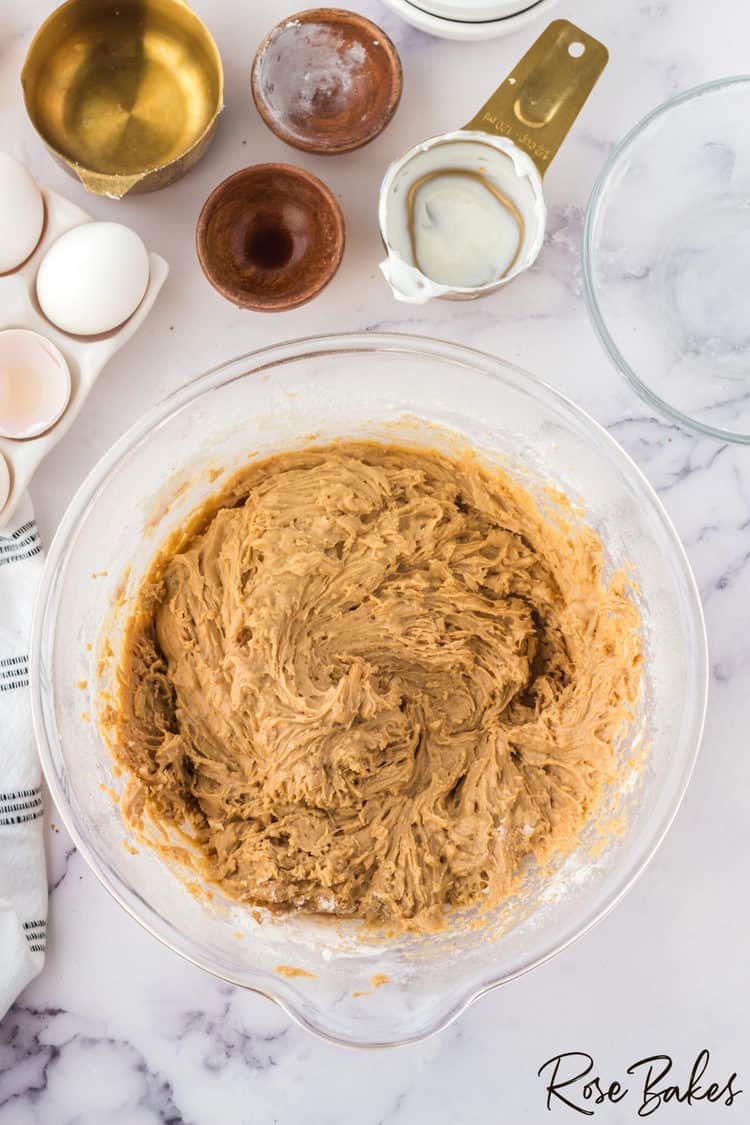 The mixture fully combined in the mixing bowl