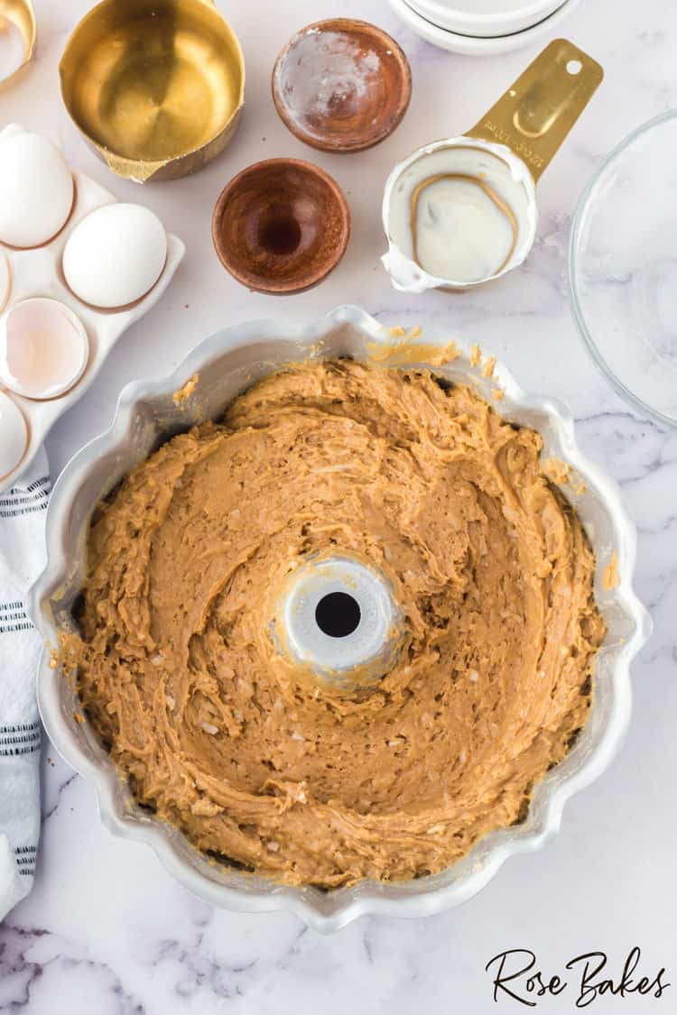 the cake batter poured into a bundt pan