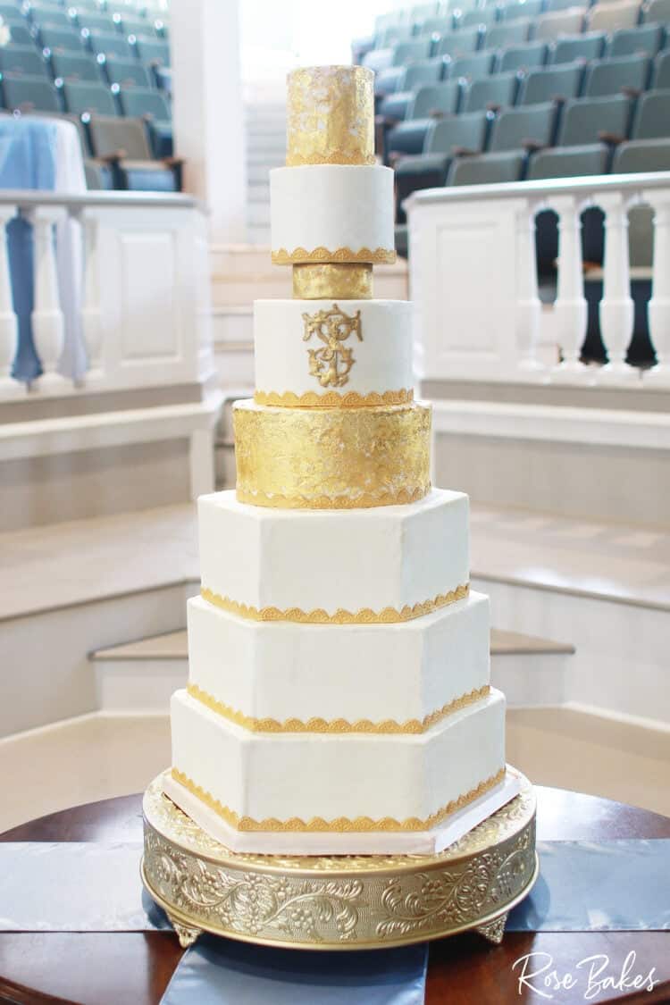 Hexagon Wedding Cake with Gold and a Hand-Cut Monogram