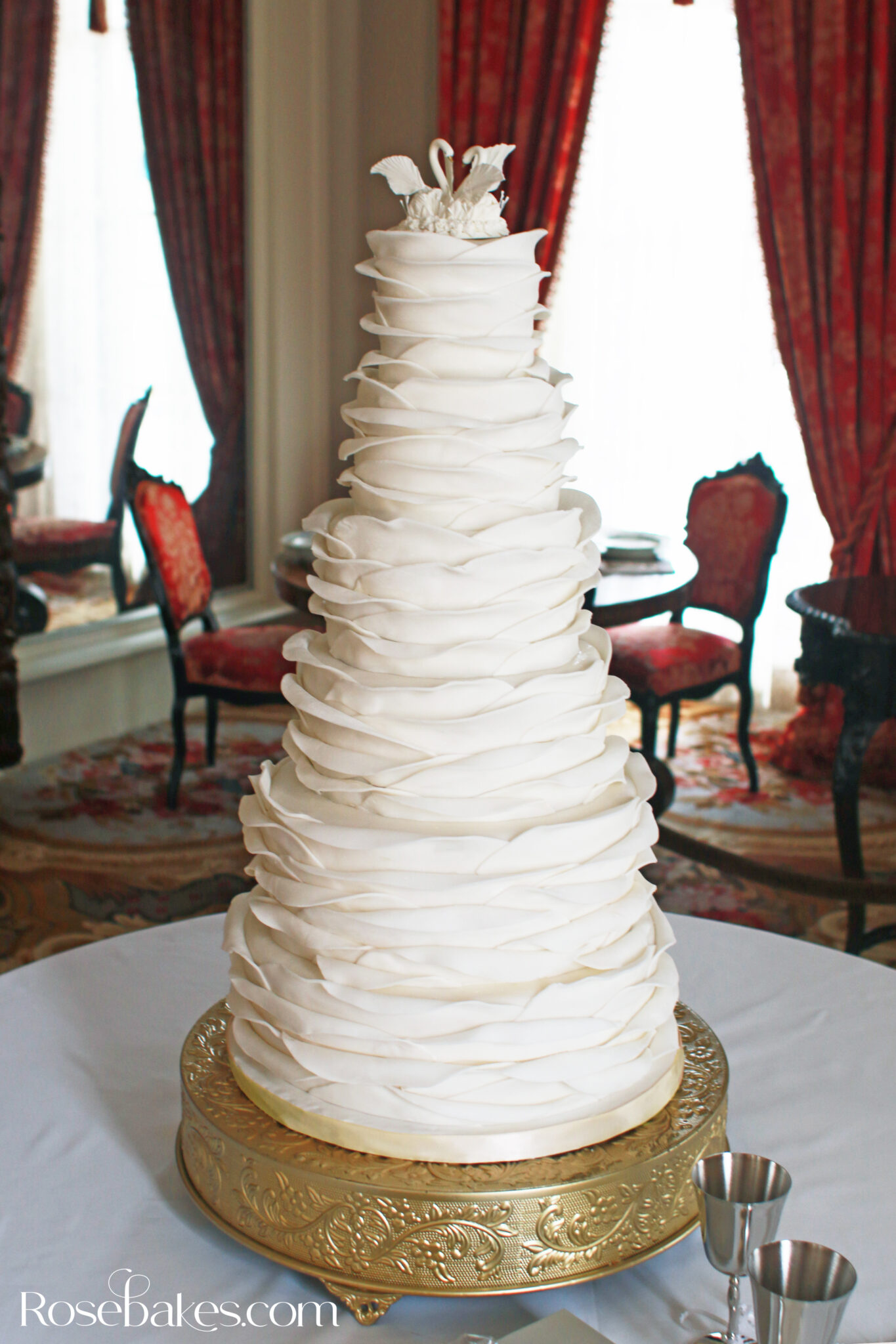 petals and swan fondant wedding cake